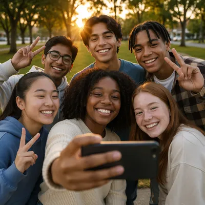 Diverse Teen Friends Taking Sunset Selfie