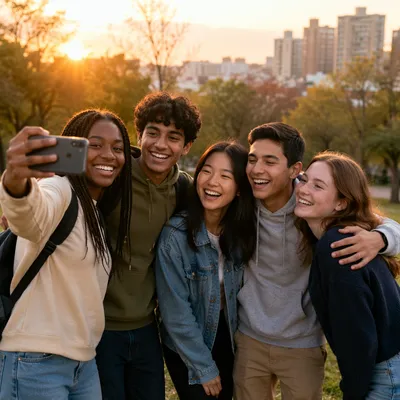 Diverse Teenagers Taking Selfie at Sunset