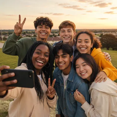 Diverse Teenagers Taking Selfie at Sunset