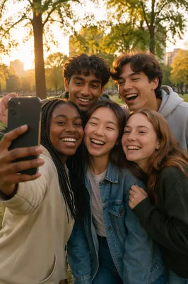 Diverse Teenagers Taking Selfie in Park
