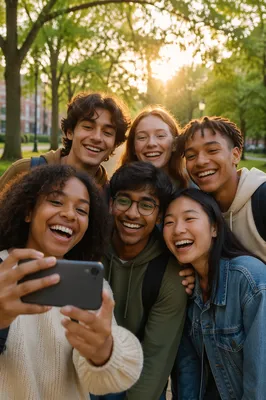 Diverse Teenagers Taking Selfie in Park