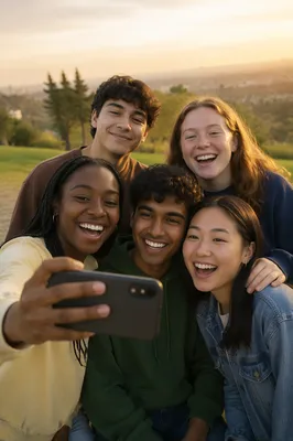 Diverse Teenagers Taking Group Selfie Outdoors