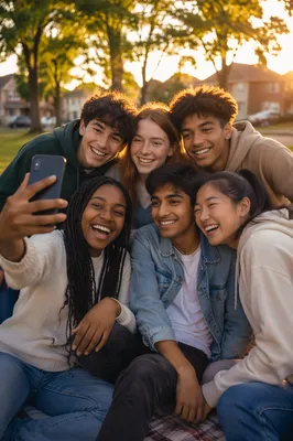 Diverse Teenagers Taking Selfie in Park