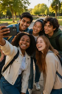 Diverse Teen Friends Taking Park Selfie
