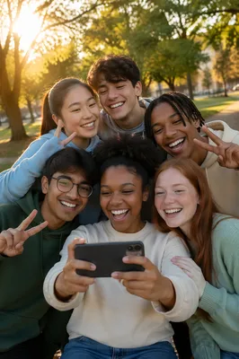 Diverse Teenagers Taking Selfie in Park