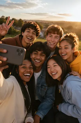 Diverse Teen Friends Taking Selfie Outdoors