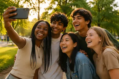 Diverse Teenagers Taking Selfie in Park