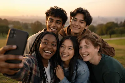 Diverse Teenagers Taking Group Selfie Outdoors