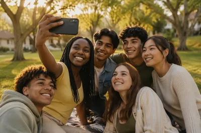 Diverse Teenagers Taking Selfie in Park