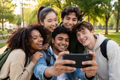 Diverse Teenagers Taking Selfie in Park