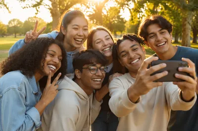 Diverse Teenagers Taking Selfie in Park