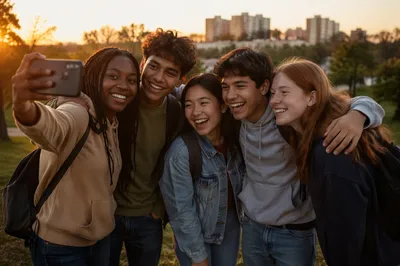 Diverse Teenagers Taking Group Selfie Outdoors
