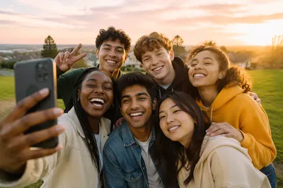 Diverse Teenagers Taking Selfie at Sunset