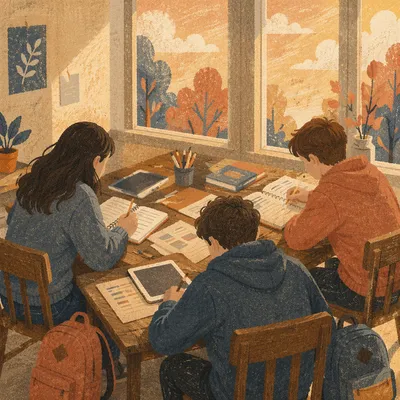 Teenagers Studying Together in Library Corner