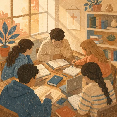 Teenagers Studying Together in Warm Library