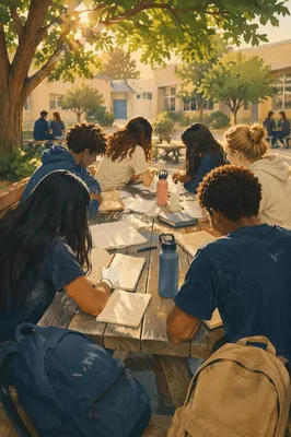 Teenagers Studying Together in School Courtyard