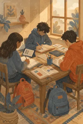 Teenagers Studying Together in Library Corner
