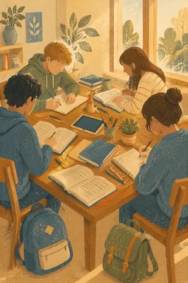 Teenagers Studying Together in Cozy Library