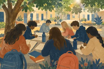 Teenagers Studying Together in School Courtyard