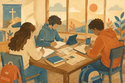 Teenagers Studying Together in Cozy Library