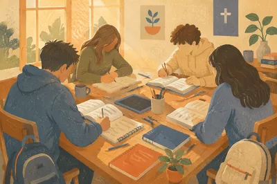 Teenagers Studying Together in Cozy Library