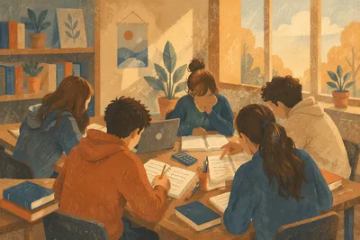 Teenagers Studying Together in Community Library