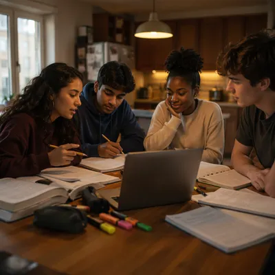 Teenagers Studying Together at Kitchen Table