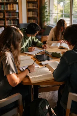 Teenagers Studying Together in Cozy Library