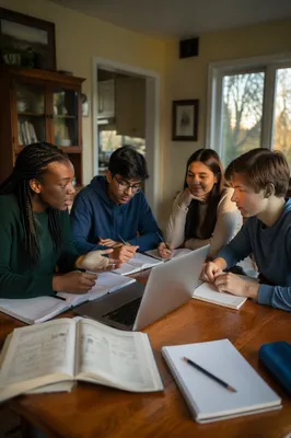 Teenagers Studying Together at Home Table