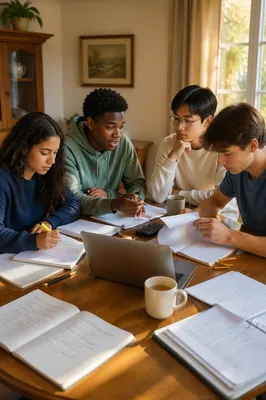 Teenagers Studying Together in Cozy Dining Room