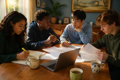 Teenagers Studying Together at Dining Table