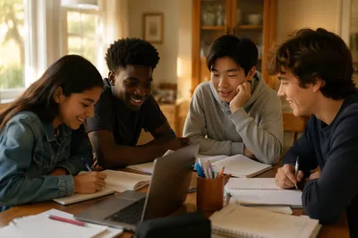 Teenagers Studying Together at Home Table