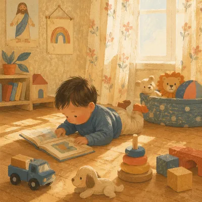 Peaceful Toddler Reading in Church Nursery