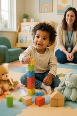 Curious Toddler Playing with Wooden Blocks