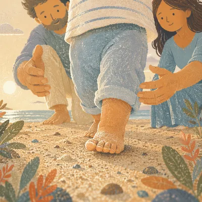 Toddler First Steps on Sandy Beach