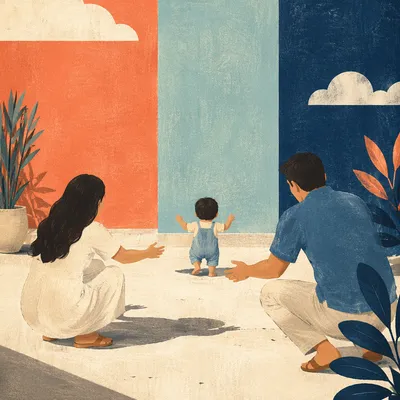 Toddler First Steps in Sunlit Courtyard