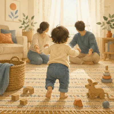 Toddler First Steps in Warm Living Room