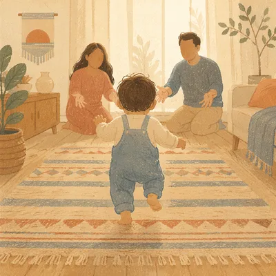Toddler First Steps in Warm Home