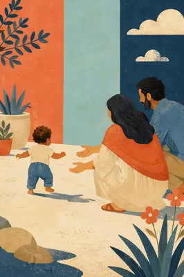 Toddler First Steps in Sunlit Courtyard