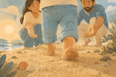 Toddler First Steps on Sandy Beach