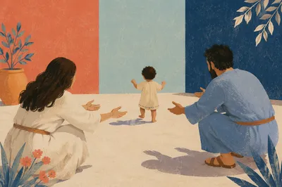 Toddler First Steps with Parents Outdoors