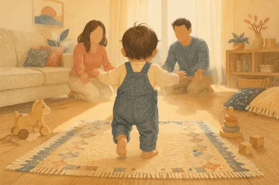 Toddler First Steps in Warm Family Living Room