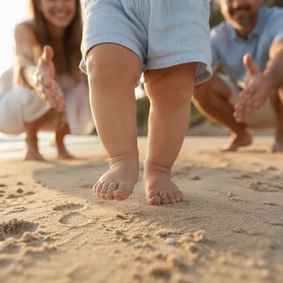 Toddler First Steps on Sandy Beach