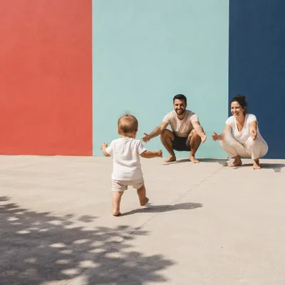 Toddler First Steps with Parents Outdoors