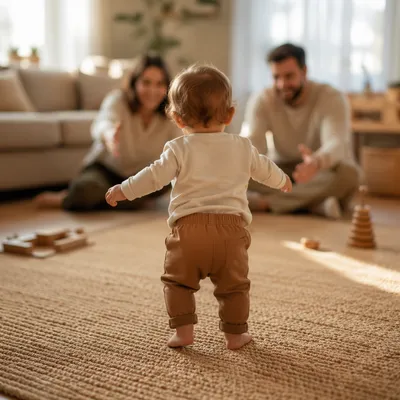 Toddler First Steps in Sunlit Living Room