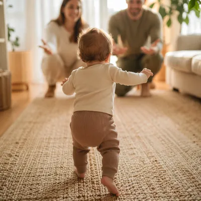 Toddler First Steps in Warm Living Room