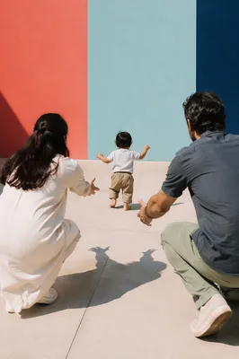 Toddler First Steps in Sunlit Courtyard