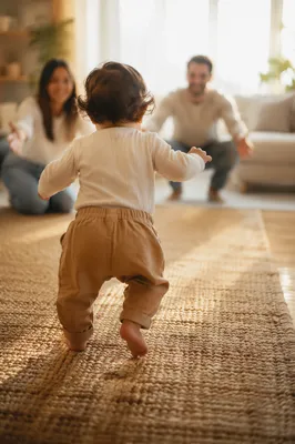 Toddler First Steps in Sunlit Living Room