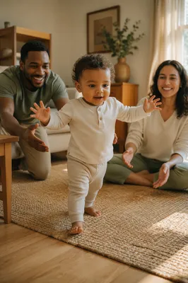Toddler First Steps in Sunlit Living Room