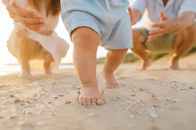 Toddler First Steps on Sandy Beach